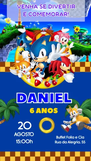 Convite de Aniversário Sonic com a Turma para Editar Online
