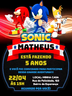 Convite de Aniversário Sonic com Personagens para Editar Online