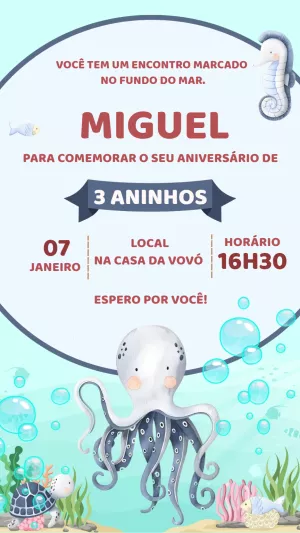 Convite Aniversário Fundo do Mar com Animais para Editar Online