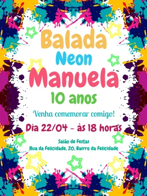 Convite Aniversário Balada Neon Colorido para Editar Online