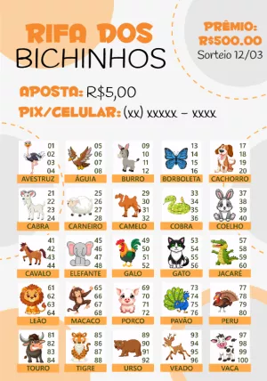 Cartela de Rifa dos Bichinhos Editável Online para Imprimir