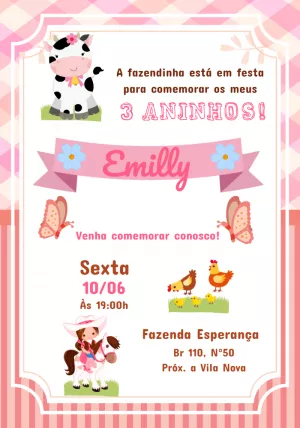 Convite Aniversário Fazendinha Rosa para Editar Online