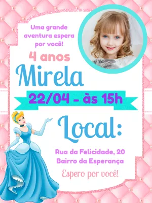 Convite Aniversário Cinderela com Foto para Editar Online