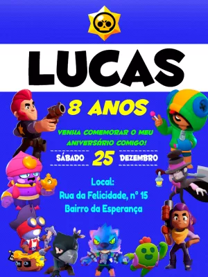 Convite Aniversário Brawl Stars com Personagens para Editar Online