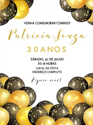 Convite de Aniversário Adulto Balões Dourados para Editar Online