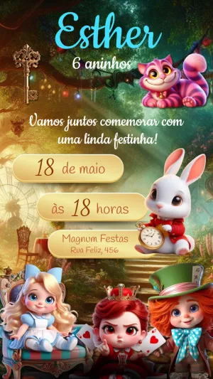 Convite Aniversário Alice no País das Maravilhas para Editar