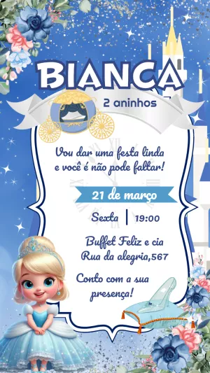 Convite de Aniversário Cinderela Azul para Editar Online
