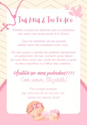 Convite para Padrinhos de Batizado Menina Editável Online
