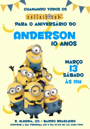 Convite Aniversário Minions com Personagens para Editar Online