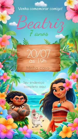 Convite de Aniversário Moana Tropical para Editar Online