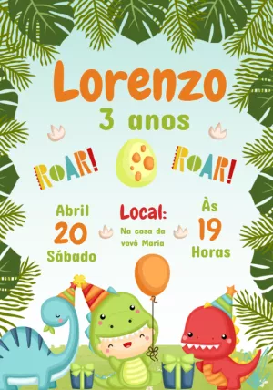 Convite Aniversário Dinossauro Baby Fofo para Editar Online