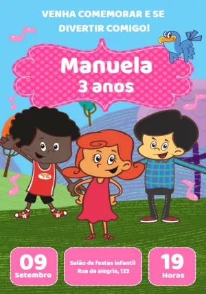 Convite Aniversário 3 Palavrinhas com Personagens para Editar