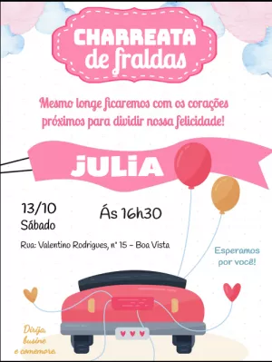 Convite Charreata de Fraldas Menina Carro Rosa para Editar
