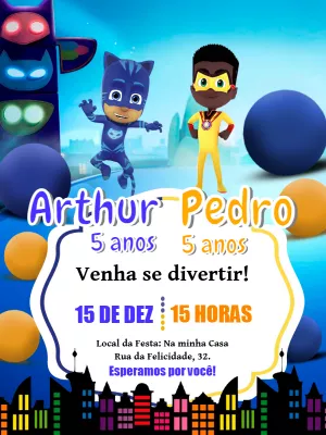 Convite Aniversário Duplo PJ Masks para Editar Online