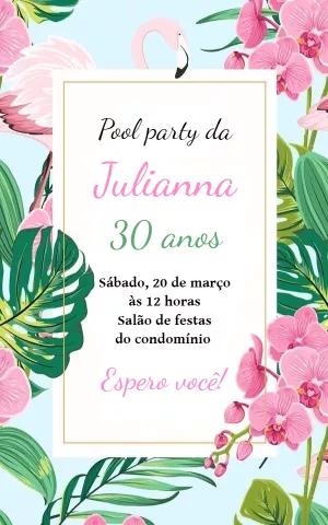 Convite Aniversário Tropical com Flamingo para Editar Online