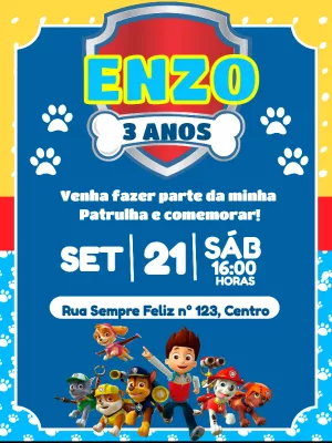 Convite Aniversário Patrulha Canina para Editar Online