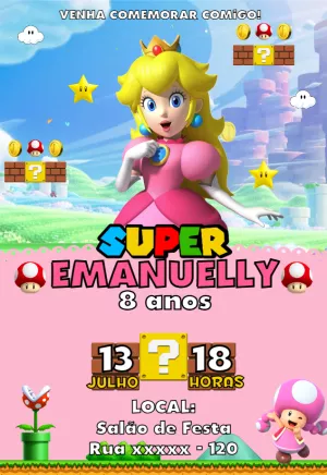 Convite Aniversário Princesa Peach Super Mario para Editar
