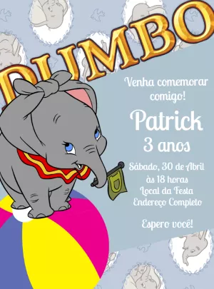 Convite Aniversário Dumbo Elefante para Editar Online e Imprimir