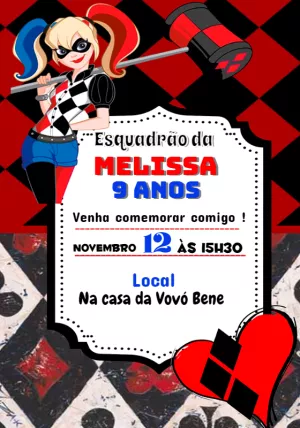 Convite Aniversário Arlequina para Editar Online e Imprimir