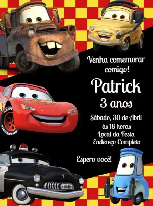 Convite de Aniversário Carros Disney para Editar Online