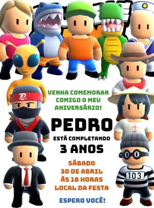 Convite Aniversário Stumble Guys com Personagens para Editar