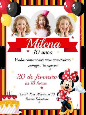 Convite Aniversário Minnie Mouse com Foto para Editar Online