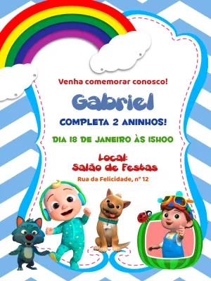 Convite de Aniversário Cocomelon com Personagens para Editar
