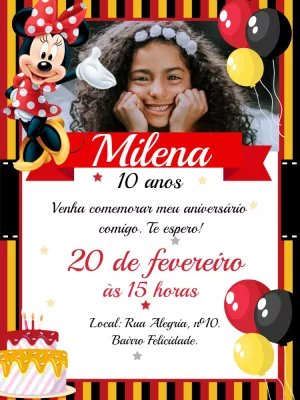 Convite Aniversário Minnie Mouse com Foto para Editar Online