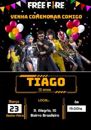 Convite de Aniversário Free Fire com Personagens para Editar
