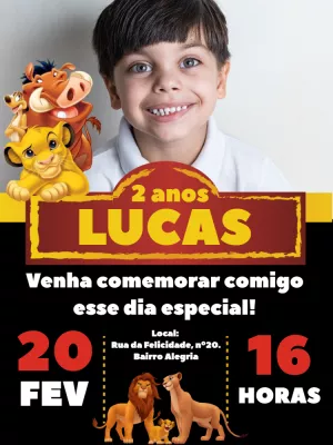 Convite de Aniversário Rei Leão com Foto para Editar Online