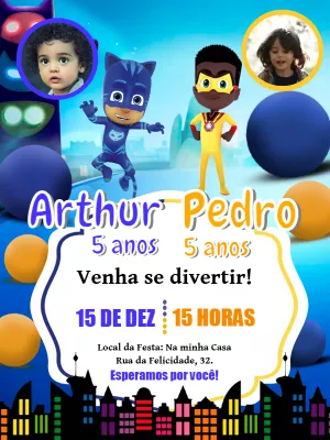Convite Aniversário Duplo PJ Masks com Foto para Editar