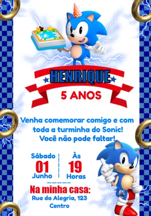Convite de Aniversário do Sonic para Editar e Imprimir