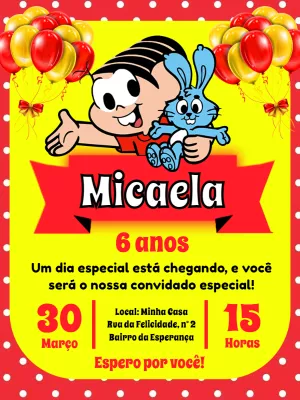 Convite Aniversário Turma da Mônica com Mônica para Editar Online