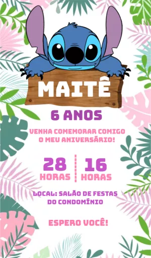 Convite de Aniversário Stitch Tropical para Editar Online