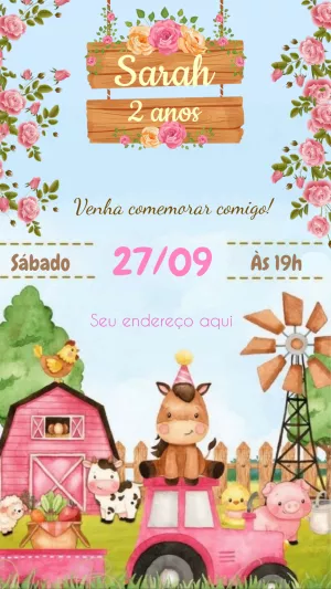 Convite Aniversário Fazendinha Rosa com Animais para Editar