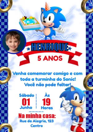 Convite Aniversário Sonic com Foto para Editar Online