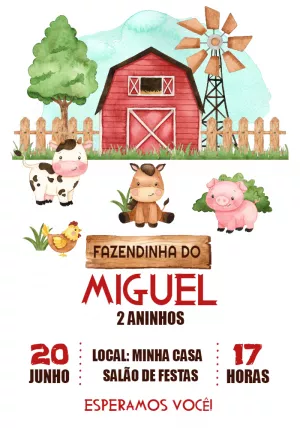 Convite de Aniversário Fazendinha Aquarela para Editar