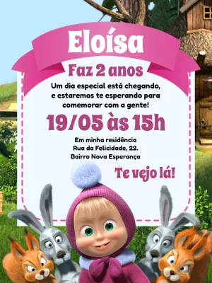 Convite de Aniversário Masha e o Urso para Editar Online