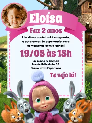 Convite Aniversário Masha e o Urso com Foto para Editar Online