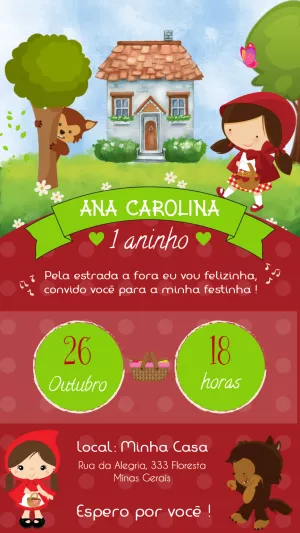 Convite Aniversário Chapeuzinho Vermelho com Personagens para Editar