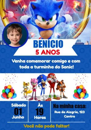 Convite de Aniversário Sonic com Foto para Editar Online