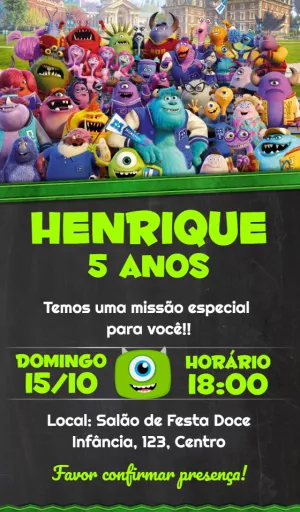 Convite de Aniversário Monstros SA para Editar Online Fácil