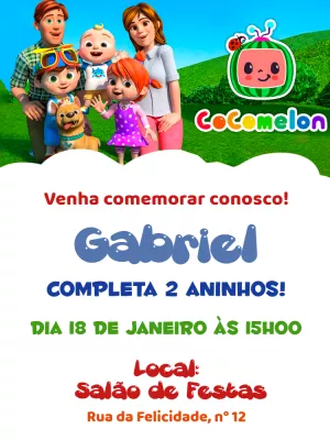 Convite de Aniversário Cocomelon Editável Online para Imprimir