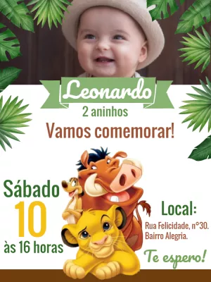 Convite Aniversário Rei Leão com Foto para Editar Online