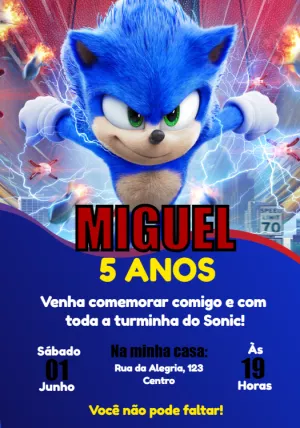 Convite Aniversário Sonic o Filme Editável para Imprimir