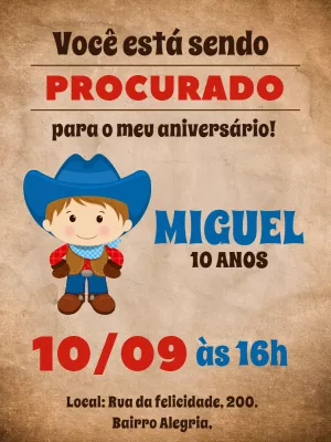 Convite Aniversário Cowboy para Editar Online