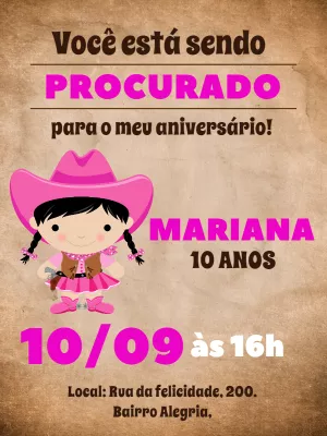 Convite Aniversário Boiadeira Country para Editar Online