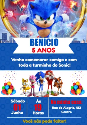 Convite Aniversário Sonic com Personagens do Filme para Editar