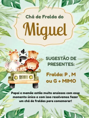 Convite Chá de Fralda Safari com Animais para Editar Online