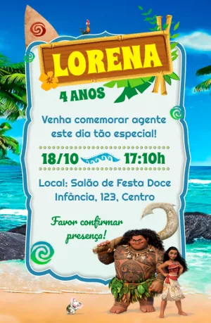 Convite de Aniversário Moana com Personagens para Editar Online